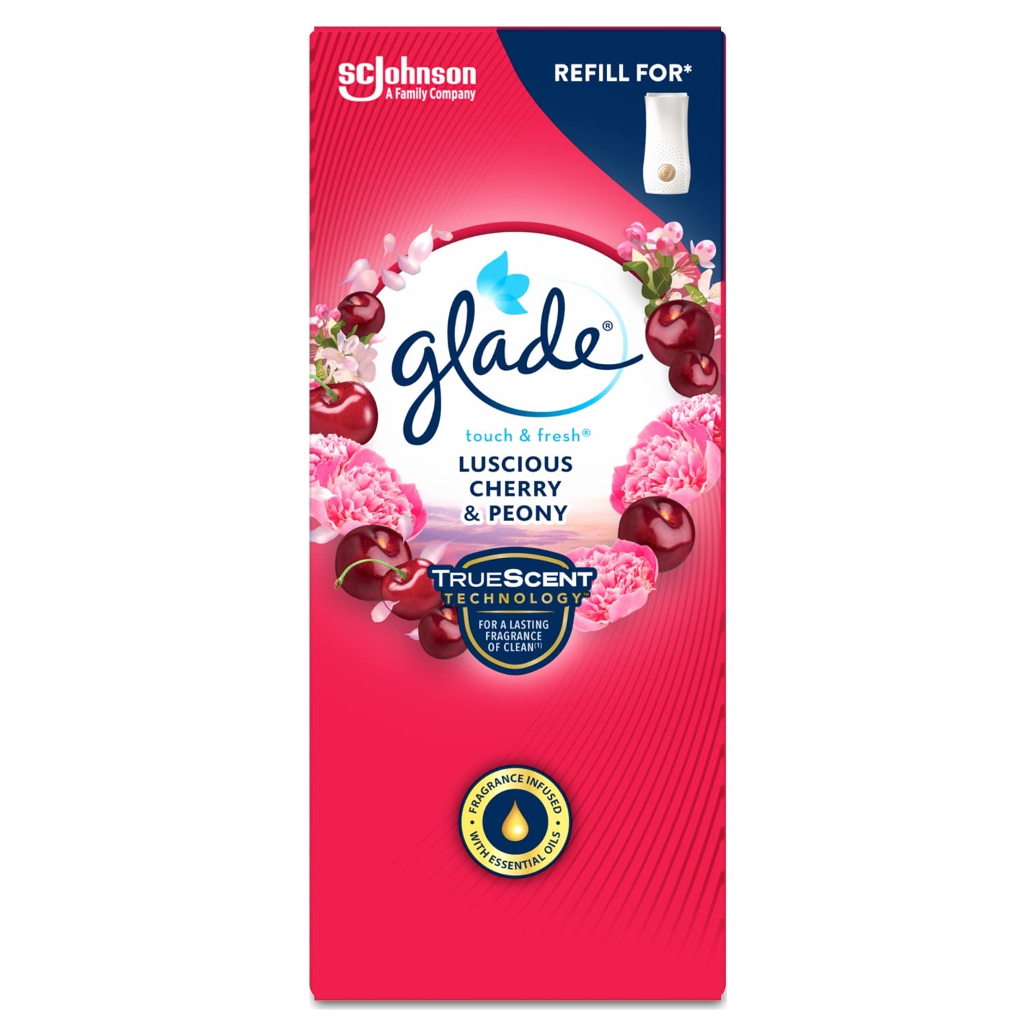 Glade Touch & Fresh Air Freshener Refill, Touch Activated Odour Eliminator for Bathroom & Home, Cherry & Peony, 10ml