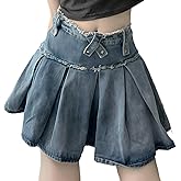 RILGOU Y2K Grunge Gothic Kawaii Fashion Casual Style Zipper A-Line High Waist Raw Trim Pleated Denim Short Skirt