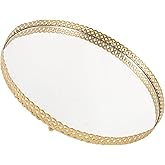Alipis Elegant Glass Perfume Tray with Mirror Surface – Jewelry and Trinket Organizer for Vanity, Dresser, and Bathroom Countertop – Gold Accents, Medium Size