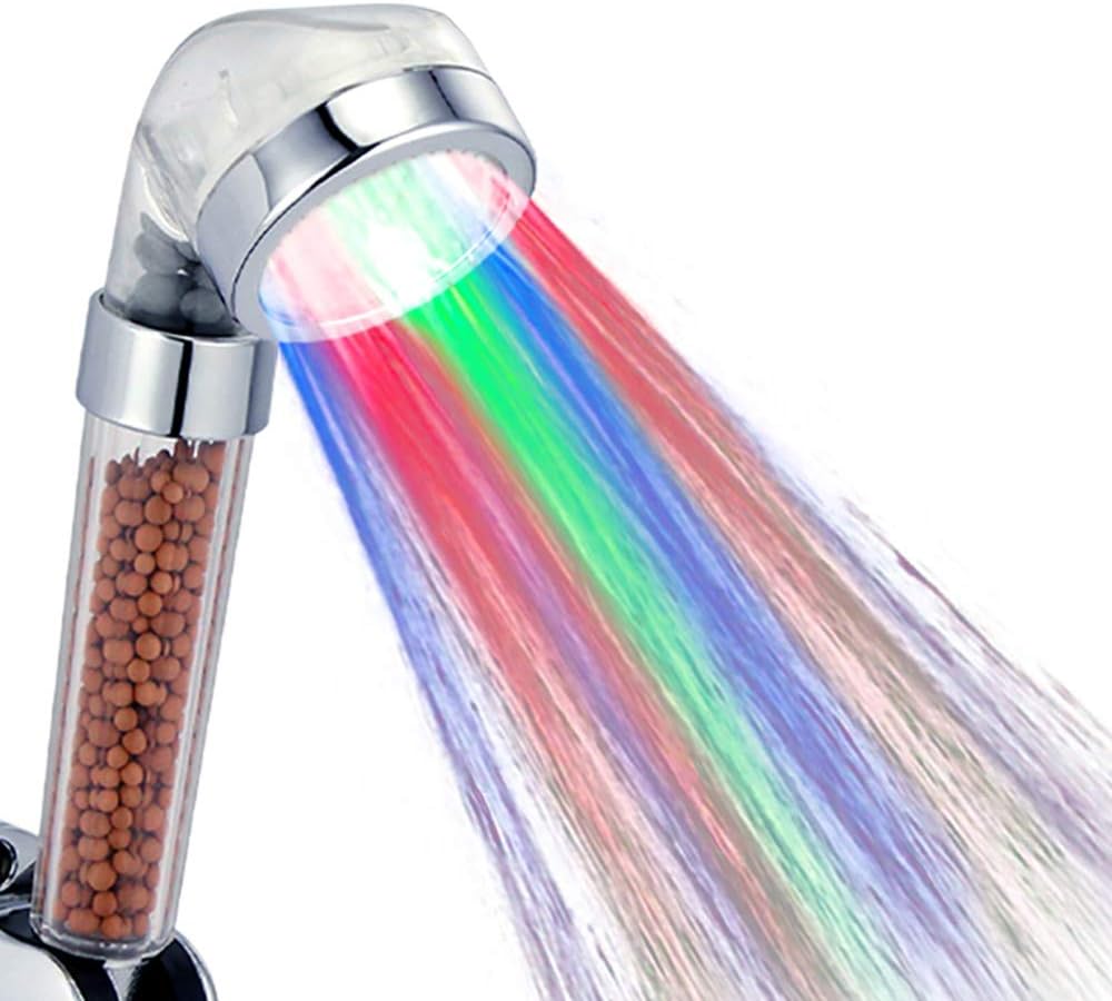 AKCOON LED Hand Held Shower Head 7 Color Changing, High Pressure Showerhead Ionic Filter, Transparent - Chrome