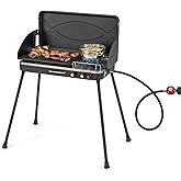 Giantex 2-in-1 Gas Camping Grill and Stove, Portable Propane Grill Burner | Dual Control Knobs, Detachable Legs, 3-Sided Wind Screen, Gas Hose with Regulator, 20,000 Total BTUs (Black)