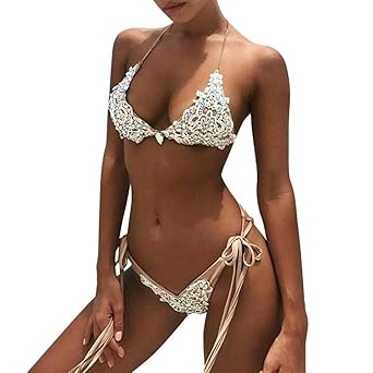 LHWY Bikini Damen Set Push up Gepolstert Vinage Bademode Frauen Teenager Mädchen Strand Badeanzug Handgewebte Perlen Bandage 