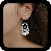 Yheakne Bohemian Filigree Chandelier Earrings Silver Fringe Tassel Drop Earrings Hollow Filigree Earring Tribal Hollow Circle Earring Enthic Turquoise Flower Earring Jewelry for Women