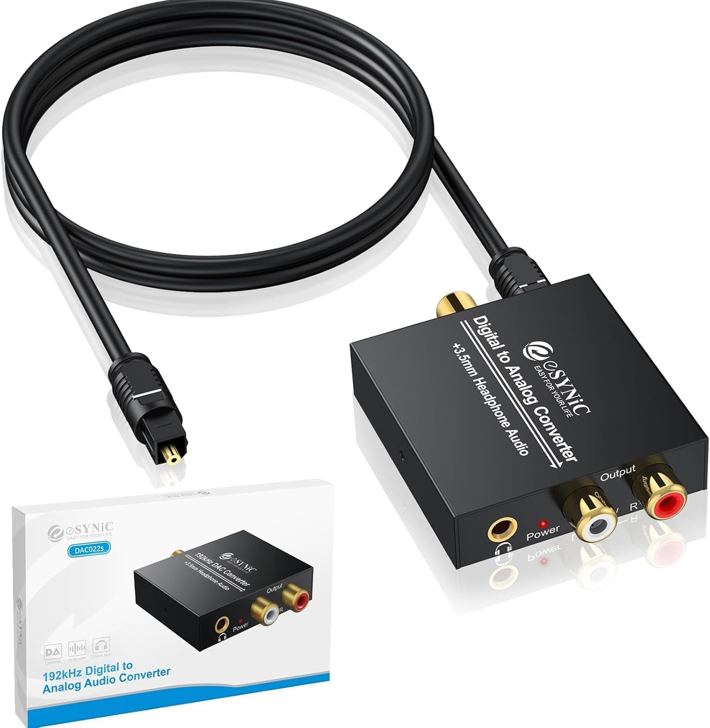 eSynic 192KHzデジタル アナログ変換器 DAC オーディオ変換器トスリンク 24bitサンプリングレート 安定信号伝送 光 同軸デジタル信号入力 RCAアナログ 3.5mmミニジャック出力 プラグ＆プレイRCAオーディオアダプター 0-250mWヘッドホン出力対応 DVD、Blue rayプレイヤー、Apple TV、ゲーム機など対応商品画像
