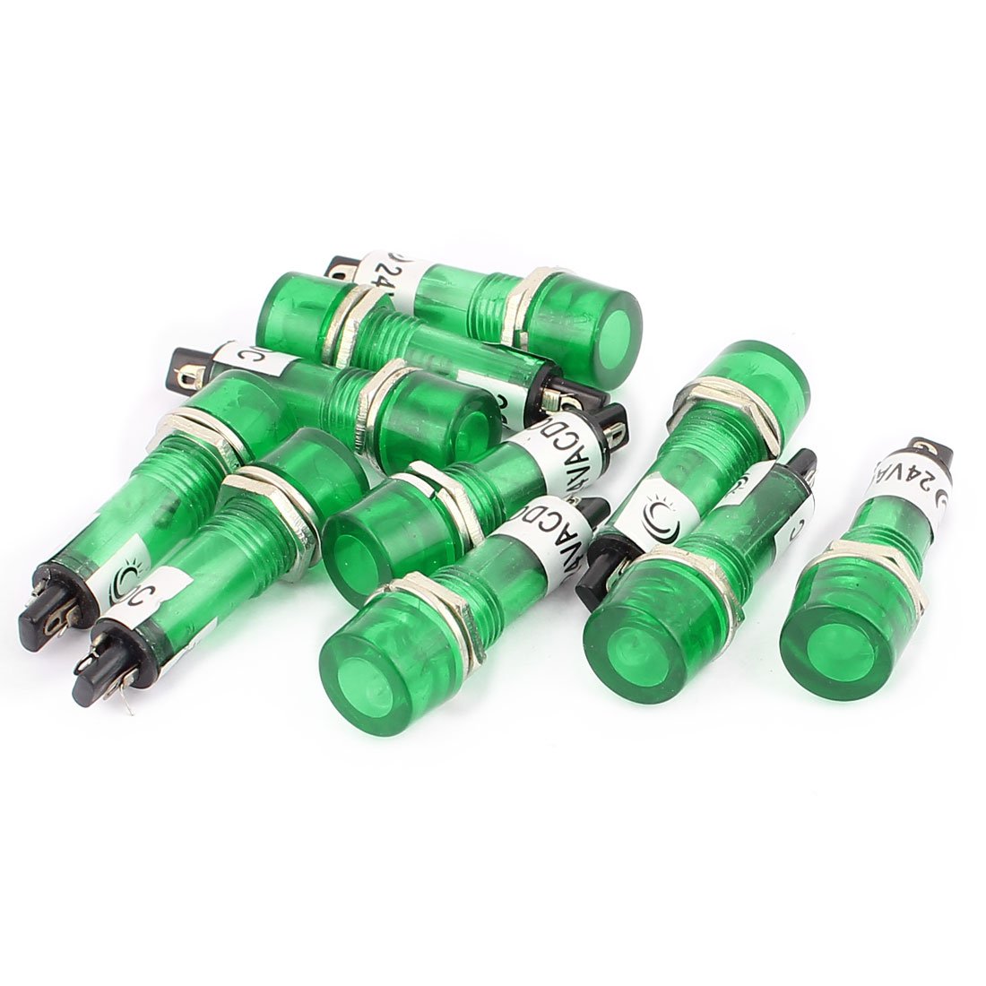 sourcing map 10 Pcs AC/DC 24V 2 Terminals Green Light Signal Threaded Indicator Lamp