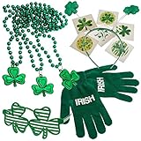 St. Patrick's Day Dress up Set: Shamrock Beads Necklace's, Tattoos, Shamrock Shutter Glasses, Head Bopper, & Acrylic Irish Print Gloves