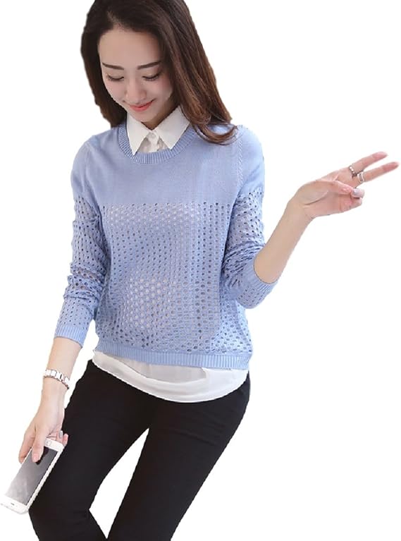 Amazon Teranos レディース トップス 重ね着 カットソー かわいい キレイ 春 秋 冬 デート カジュアル 学生 オシャレ 水色 Tシャツ カットソー 通販