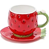 Noviko Ceramic Tea Cup and Saucer Coffee Mug Strawberry Coffee Cup with Saucer - 8 Ounce (Red)