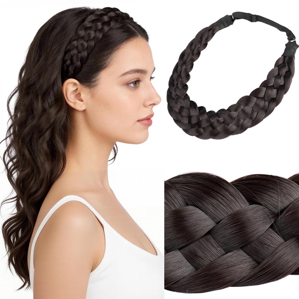 BOBIYA 5 Strand Synthetic Hair Braided Headband Classic Chunky Wide Plaited Braids for Women Girl (Chocolate)