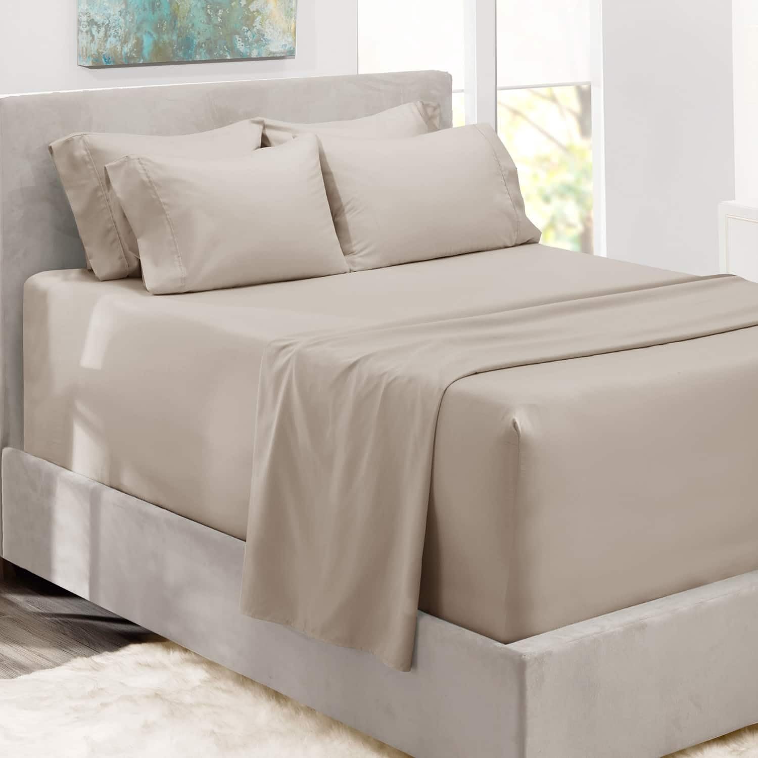 Photo 1 of Hearth & Harbor Bed Sheets, Luxury Soft 6 Piece Bed Sheet Set Extra Deep Pocket Fitted Sheets Fits Mattress up to 21", Double Brushed Bedding Sheets & Pillowcases, King, Natrual Linen
