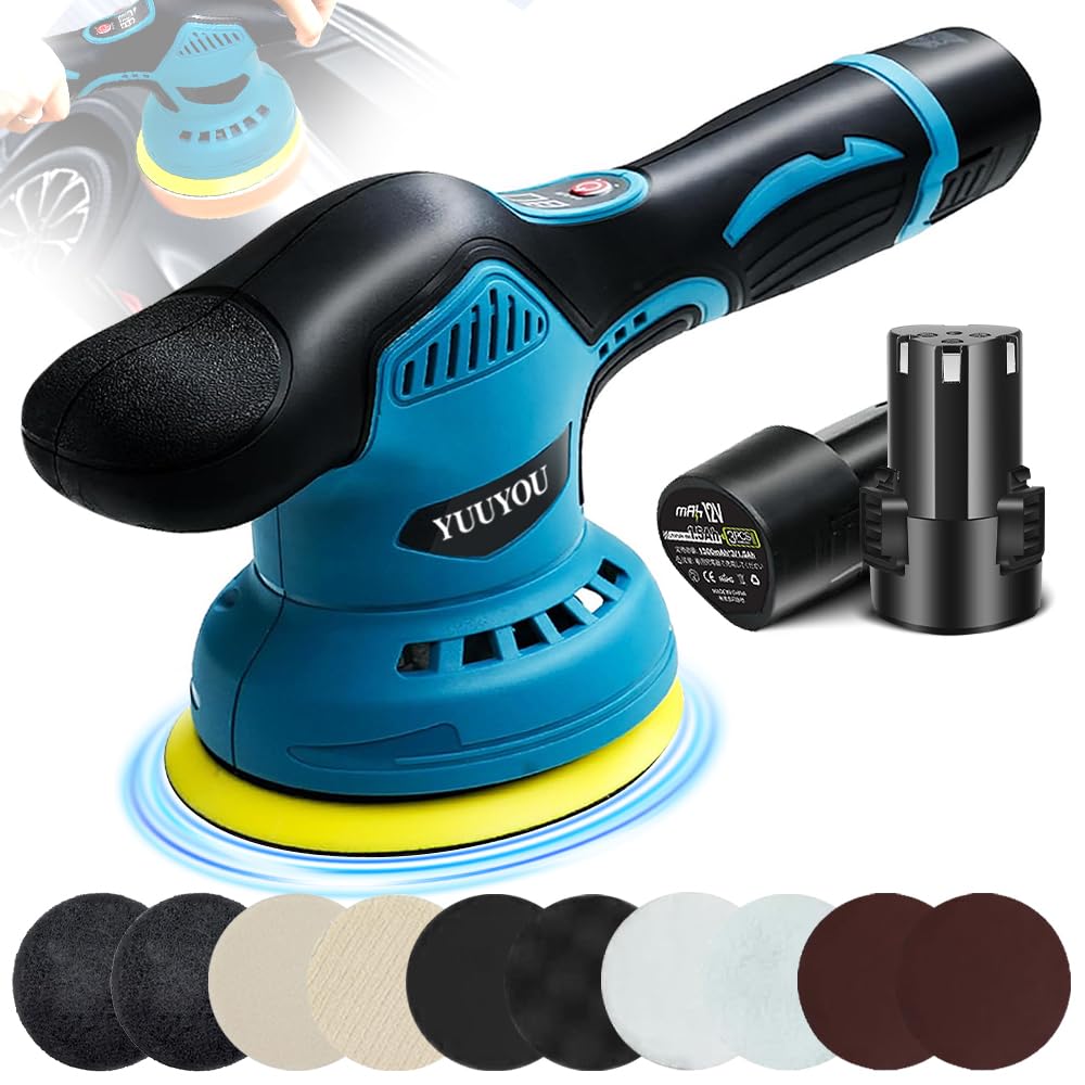 YUUYOU ポリッシャー 車 8段階変速 和式ポリッシャーバフ付き 125mm 1.5Ahバッテリ一2個搭載 12V 電動ポリッシャー コードレス 5500RPM 強力ポリッシャー 充電式 研磨機 ダブルアクションポリッシャー 偏心構造 残量表示 小型 軽量 豊かな付属品 洗車 車磨き 鏡面磨き 傷消し 艶出し 研磨 ワックス作業 家庭用商品画像