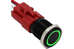 YMJSAN 16mm Latching Push Button Switch 12V DC On Off Self-Locking with LED Angel Eye Head for 0.63" Mounting Hole with Wire Socket Plug (Black Shell Green LED)