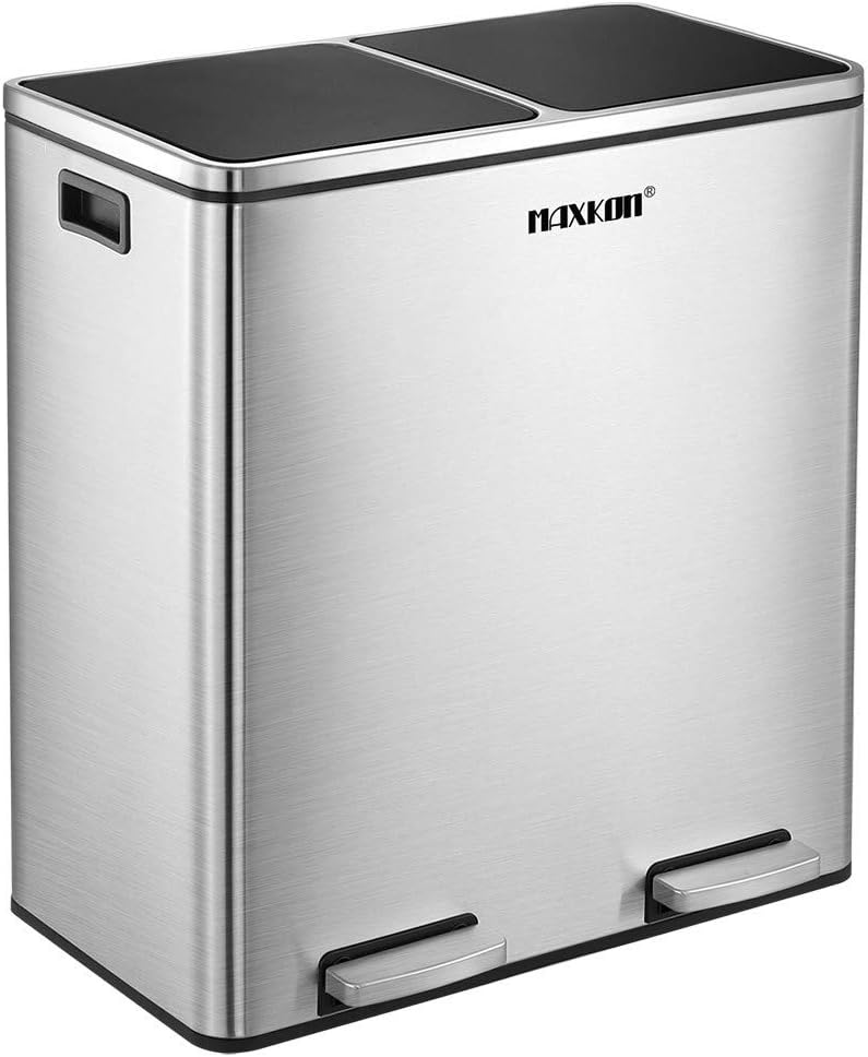 60L Dual Compartment Dustbin Stainless Steel Pedals Bin Trash Can