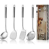 Pleafind 4-Pcs Cooking Utensils Set, Stainless Steel Kitchen Utensils, Wok Utensils Set Include Wok Ladle, Slotted Spoon, Wok