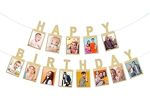 AVLOVASD Happy Birthday Banner with Photo Inserts - Gold Sparkle Custom Birthday Sign for Party Decorations, Personalized 13 Letters with 6x4 Photo Slots, Shimmering Paper Banner for Women Men Kids All Ages Celebrations