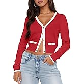 LEEDYA Women's Long Sleeve Cardigan Open Front Knit Cropped Sweaters Fall Color Block Button Down V Neck Lightweight Tops