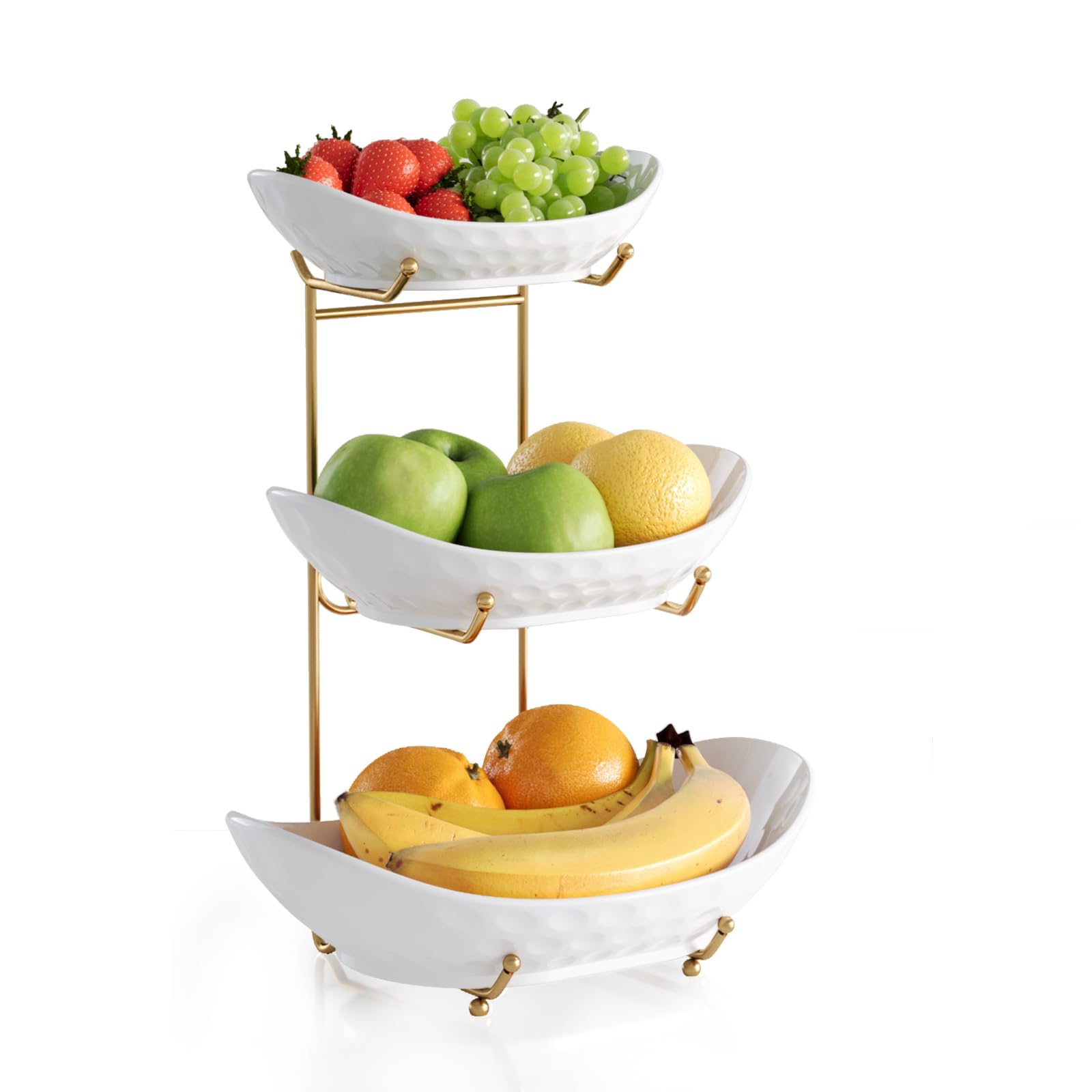 Photo 1 of Acliys Fruit Bowl Basket for Kitchen Counter Ceramic Decrative Serving Bowl, 3 Tier kitchen Decor Organizers and Storage for Farmhouse Snack Breads Dessert Cake Tray for Party Wedding,Gold white