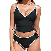 Tankini Swimsuits for Women Swimwear Color Block Tie-Front Sporty Racerback Crop Top High Waisted Bottoms