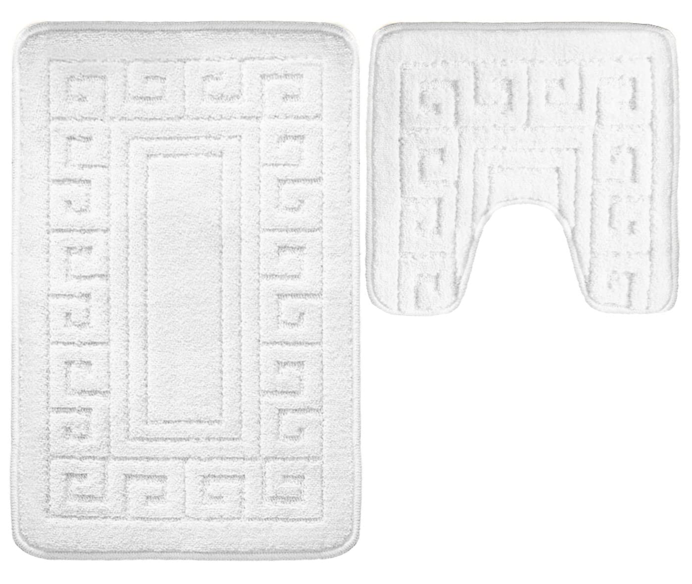 vingardium leviosa VL 2 Piece Greek Bath Mat Non Slip and Highly Absorbent Bath Mat 100% Polypropylene Washable Pedestal Bathroom Mat Rug (WHITE)