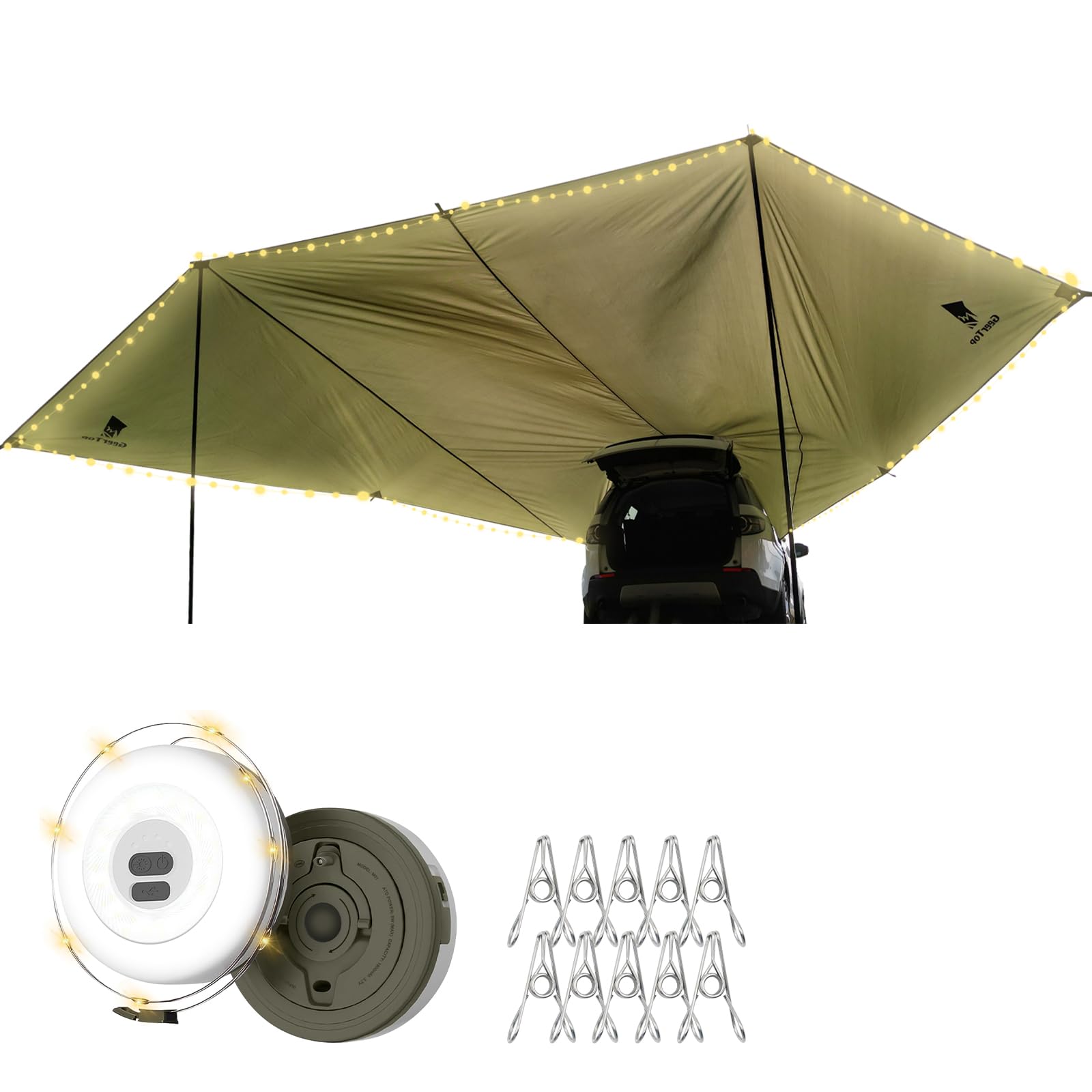 Photo 1 of GEERTOP Large Car Tailgate Awning Tarp with 10m LED String Lights Waterproof Outdoor Rear Vehicle Awning Shelter for Van, MPV, Campers