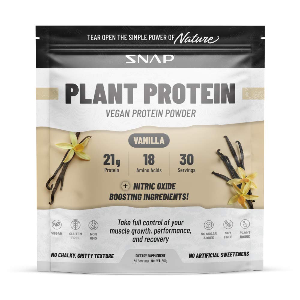 Snap Supplements Organic Plant Based Vegan Protein Powder Nitric Oxide Boosting Protein Powder, Vanilla Bean, BCAA Amino Acid for Muscle Growth, Performance & Recovery - 30 Servings (Vanilla)