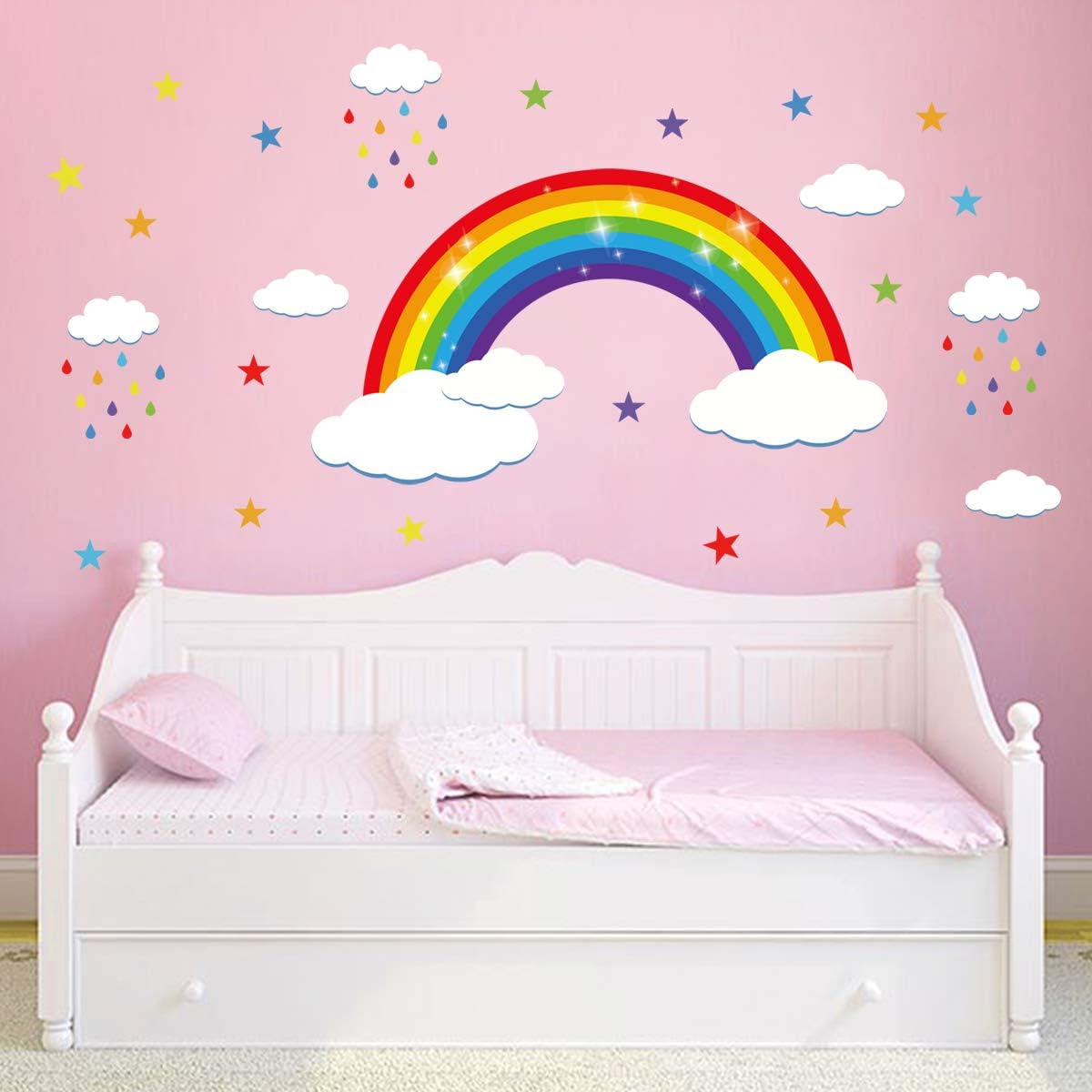 decalmile Rainbow Wall Decals White Clouds Colorful Raindrops and Stars Wall Stickers Baby Nursery Kids Bedroom Wall Decor (Large 97cm x 53cm) - Image 4