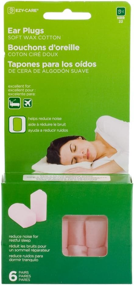Ezy Care Soft Wax Cotton Ear Plugs Nrr 22dB - Reduce Noise for a Restful Sleep and Great for Flying (6 Pair)