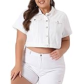 Agnes Orinda Plus Size Denim Jacket for Women Short Sleeves Button Down Cropped Jean Jackets
