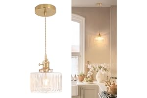 Shenmoyl Pendant Light with Clear Striped Glass Lmapshade, Brass Vintage Pendant Light Adjustable Hanging Light for Kitchen Island Dining Room Hallway