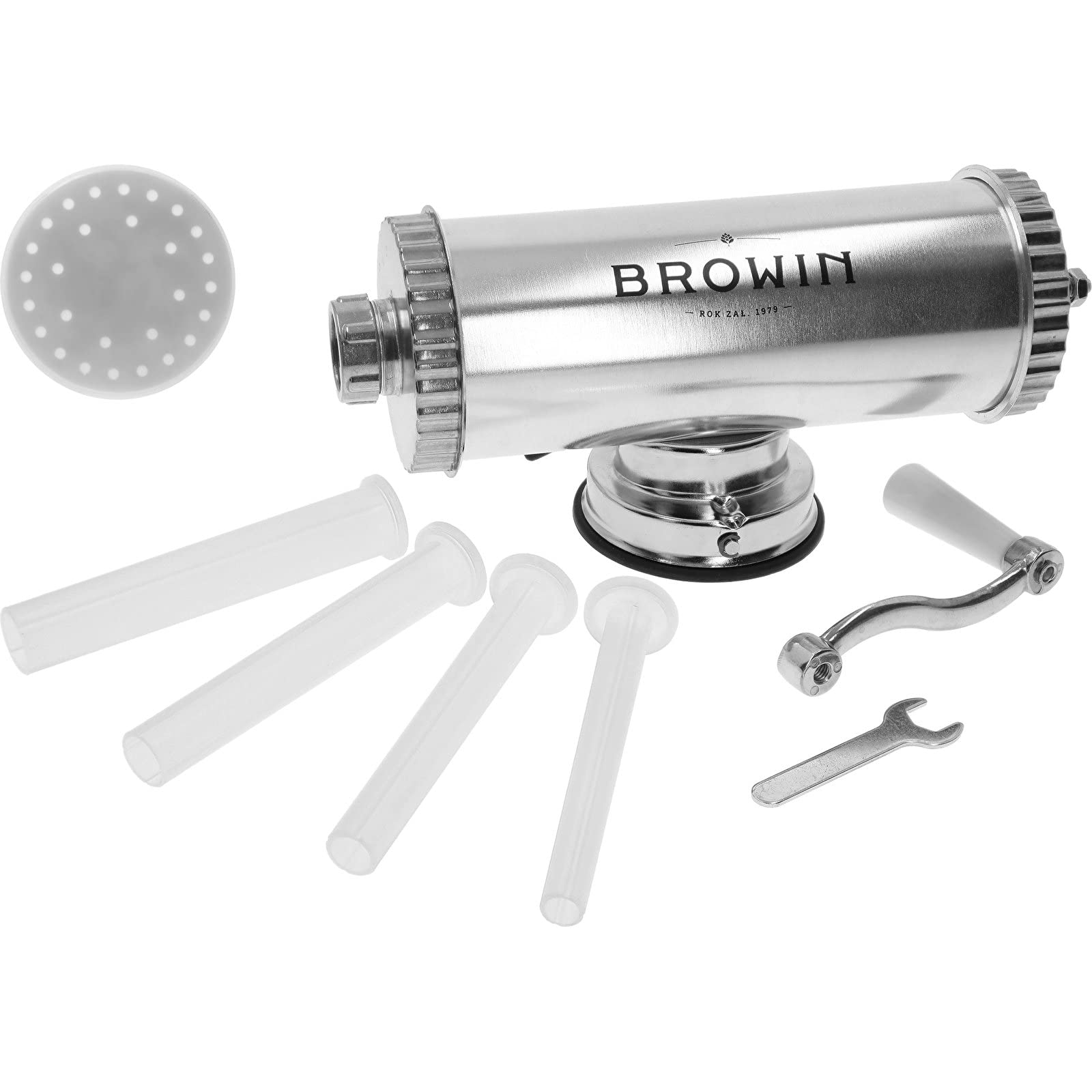 Browin 311009 Manual Horizontal Sausage Filler with Silicone Plunger 1.5 kg Stainless Steel 4 Funnels 18/8 Stainless Steel