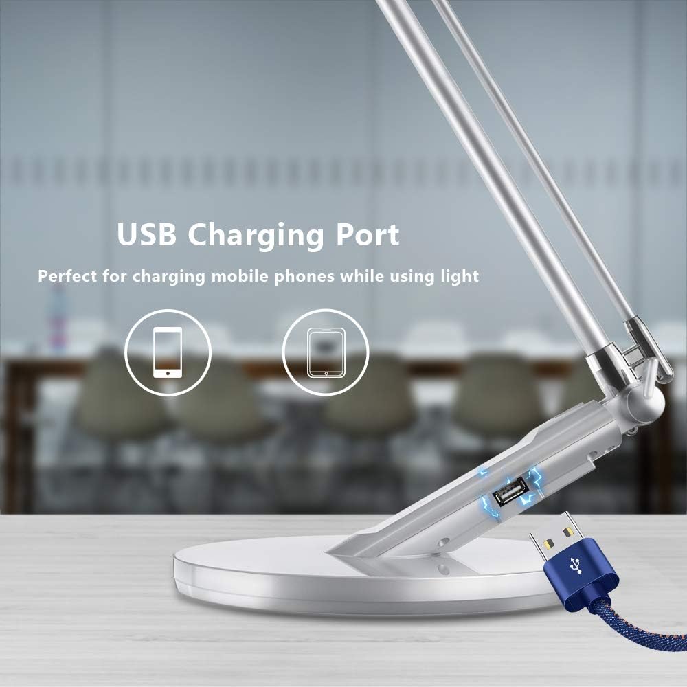 Desk Lamp, JUKSTG 36pcs LEDs 14W 7 Dimming Levels Table Lamps with 4 Lighting Modes, Folding Led Desk Lamps, 1-Hour Auto Timer, USB Charging Port, Touch-Sensitive Control, 5V Reading Lamps, Silver: Home Improvement