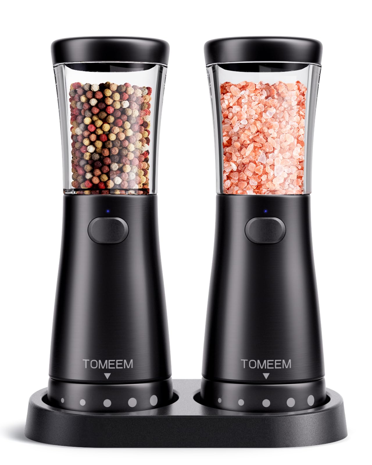 TOMEEM Electric Salt and Pepper Grinder Set, Salt Pepper Electric with Base, Stainless Steel Salt and Pepper Grinder Set, 4.5oz Large Capacity, Ceramic Grind and Adjustable Coarseness