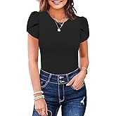 MISSJOY Womens Summer Short Sleeve Bodysuits Crew Neck Ribbed Petal Sleeve Stretchy Slim Fit Leotards Tops