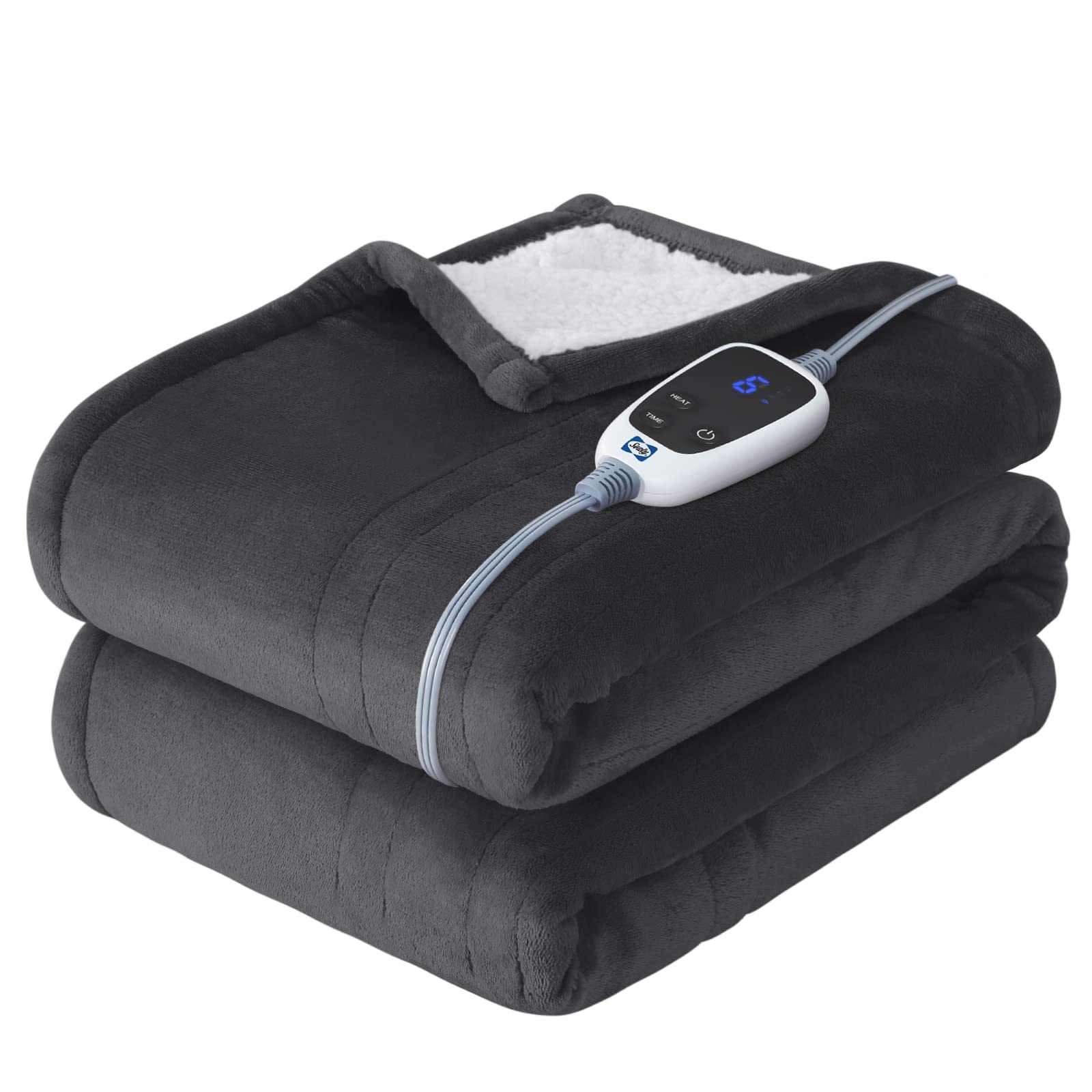SEALY Heated Throw Blanket, Flannel & Sherpa Reversible Electric Throw with 6 Heating Levels & 2-10 Hours Auto Shut Off, Machine Washable, 50x60 Inch, Dark Grey