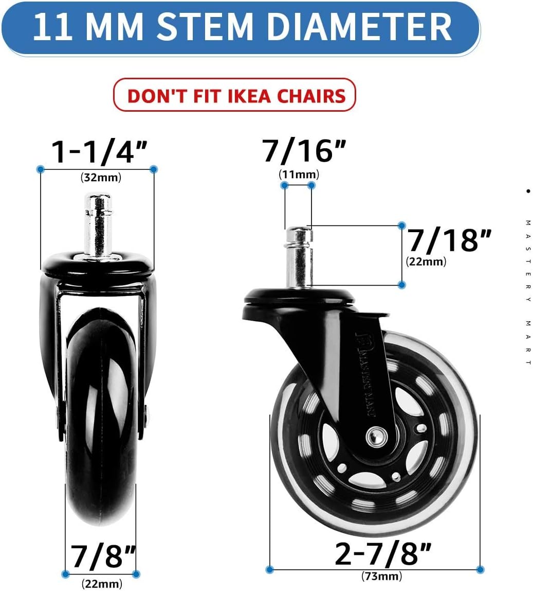 Mastery Mart Office Chair Wheels Replacement- 11x22mm Rubber Office Chair Castors, Smooth & Silent on Hardwood & Carpet - Image 4