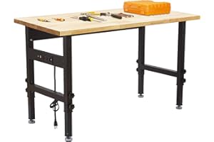 AHGOKL Work Bench, 48" Adjustable Height Work Table, Heavy Duty Oak Wood Workbench, Garage Work Bench Table, 2000 LBS Load Garage Workbench with Power Outlet for Garage/Kitchen/Home/Office