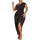 Floerns Women's Plus Size Asymmetrical Neck Long Dress Ruched Slit Hem Cocktail Dress