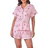 Womens Valentin's Day Pajamas Shorts Set Two-piece Pj Sets Heart Print Sleepwear Loungewear Button-Down 2 Piece Pjs Set