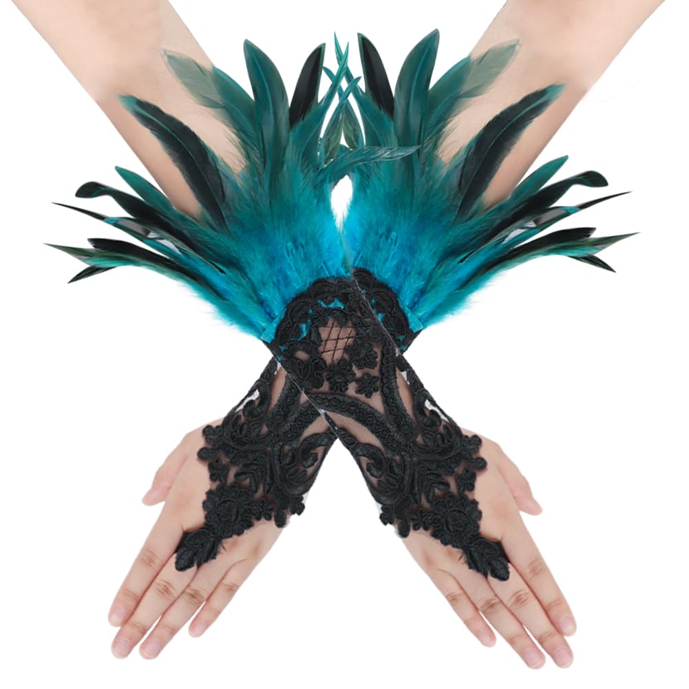 Feather Lace Fingerless Long Gloves - Wrist Cuffs, Fancy Dress Cosplay Hook Finger Opera Gloves With Feathers for Women's Halloween Party Costume Accessory, Evening Party