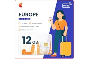 SimCorner Europe UK Travel SIM Card (12GB, 30 Days) - Prepaid SIM w/Data, Unlimited SMS & Calls to EU & UK Numbers - 3-in-1 H