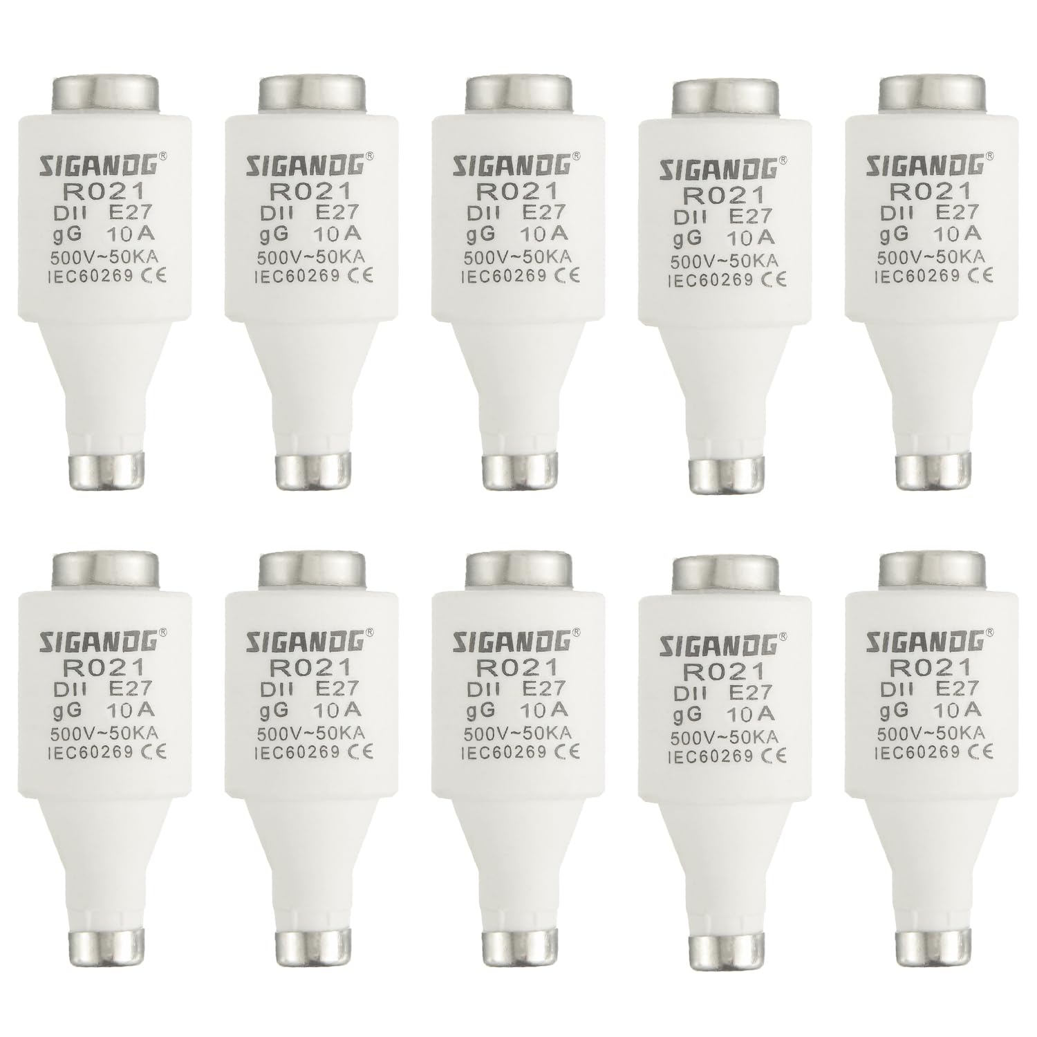 SIGANDG 10A DII E27 R021 Spiral Ceramic Fuses gG Diazed Fuse Links 500VAC for Cable and Line Protection (Pack of 10)