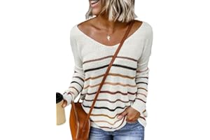 Dokotoo Womens 2024 Spring Fall Color Block Stripes V-Neck Long Sleeve Knit Casual Tops Tunic Pullover Sweaters