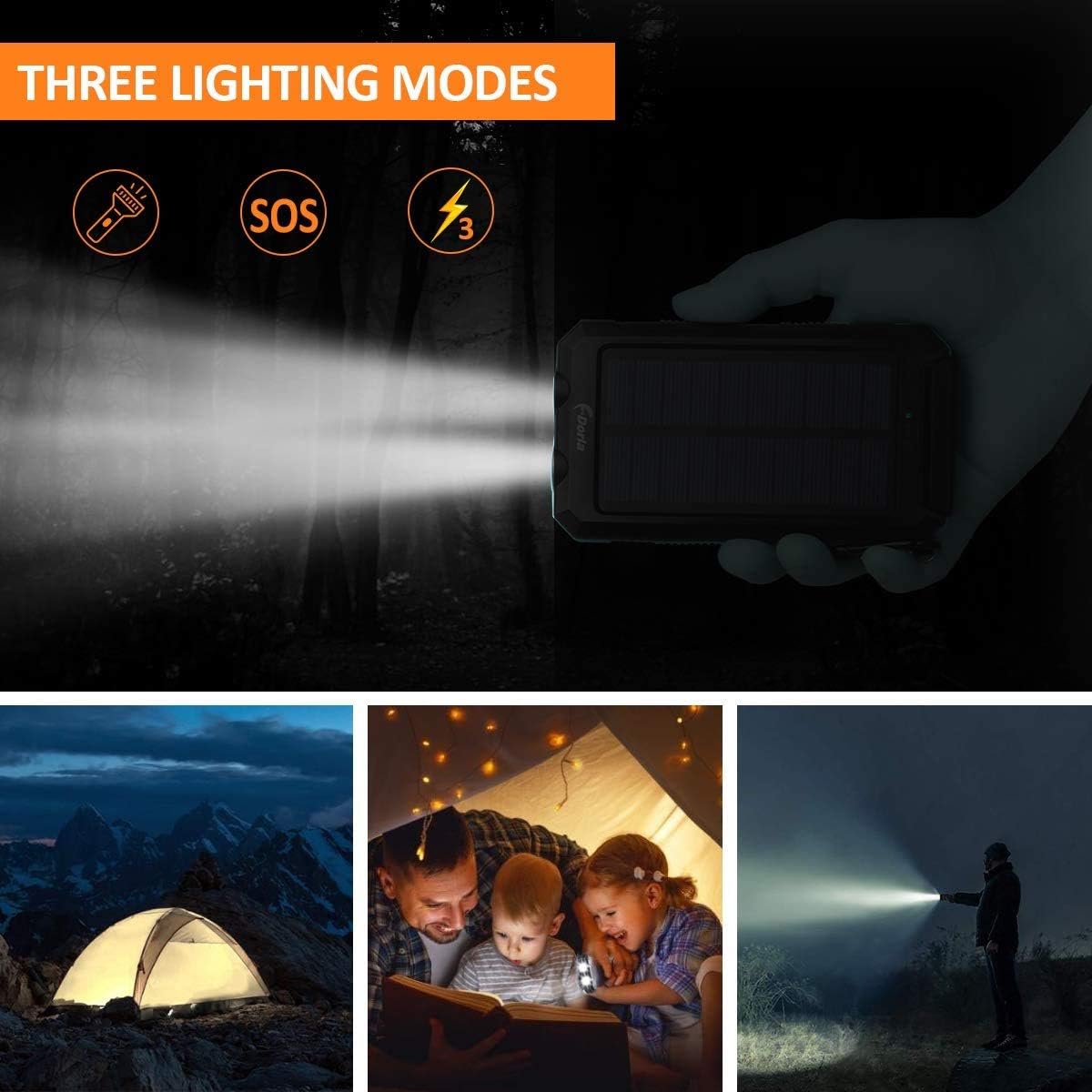 Solar Charger, 20000mAh Portable Outdoor Waterproof Solar Power Bank, Camping External Backup Battery Pack Dual 5V USB Ports Output, 2 Led Light Flashlight with Compass (Blue): Home Audio & Theater