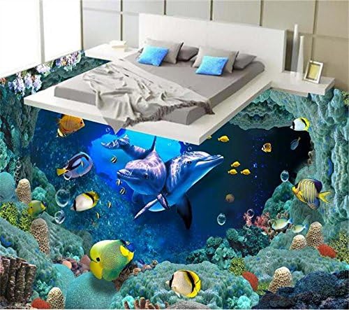 Chlwx 200cmX150cm (78.7inX55.205in) Photo Flooring Wallpaper Hd Undersea World Dolphin 3D Mural Pvc Wear-Resisting Wallpaper Self-Adhesion Floor Wallpaper