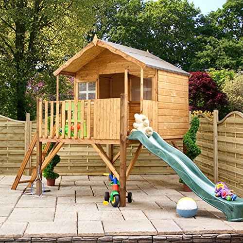 wooden tower playhouse with slide
