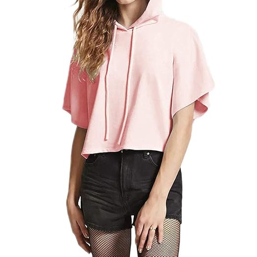 ?AG&T? Damen Kapuzenshirt Mode Kordelzug Halbe Hülse Lässige Crop Short Top