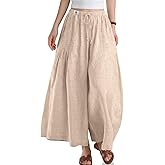 TARSE Womens Linen Wide Leg Cropped Pants Baggy Palazzo Boho Casual Elastic Waist Summer Beach Skirt Pants with Pockets