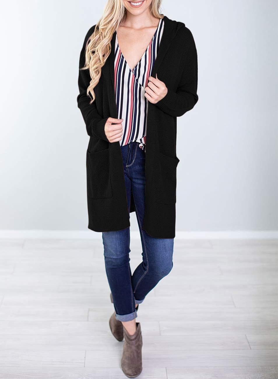 MEROKEETY Women's Long Sleeve Open Front Hoodie Knit Sweater Cardigan with Pockets at  Women’s Clothing store