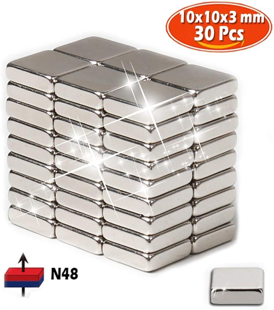 Neodymium magnets, 30 pack of Strong heavy duty refrigerator Rare earth magnets, Grade N48 Magnetic Circular Square 10x10x3 mm, Perfect for Fridge, Pin Board, White board, Force: 2.5kg