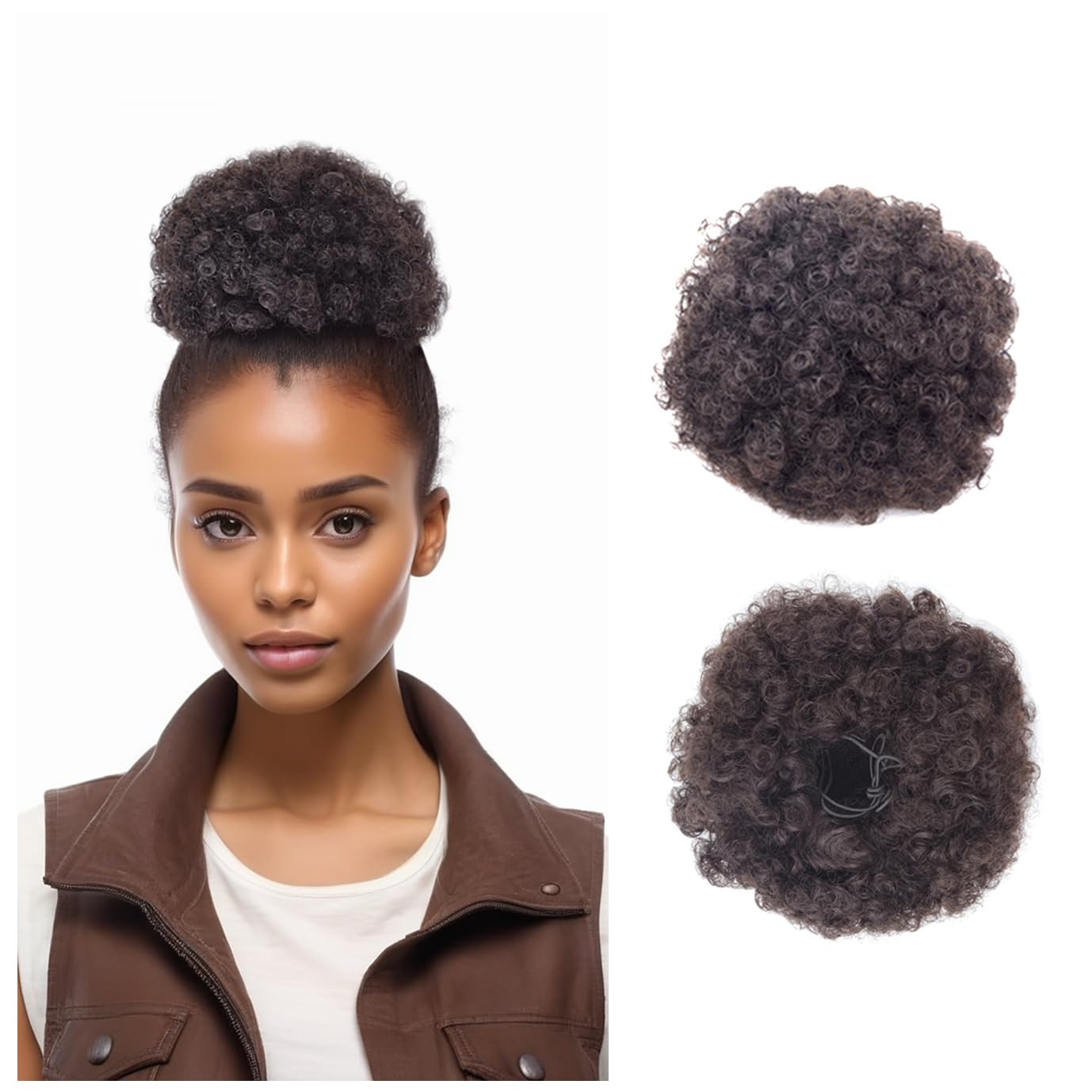 Afro Puff Drawstring Ponytail with Two Clips for Black Women Synthetic Curly Ponytail Bun Extension Hairpieces Updo Hair Extensions (Medium, 2#)